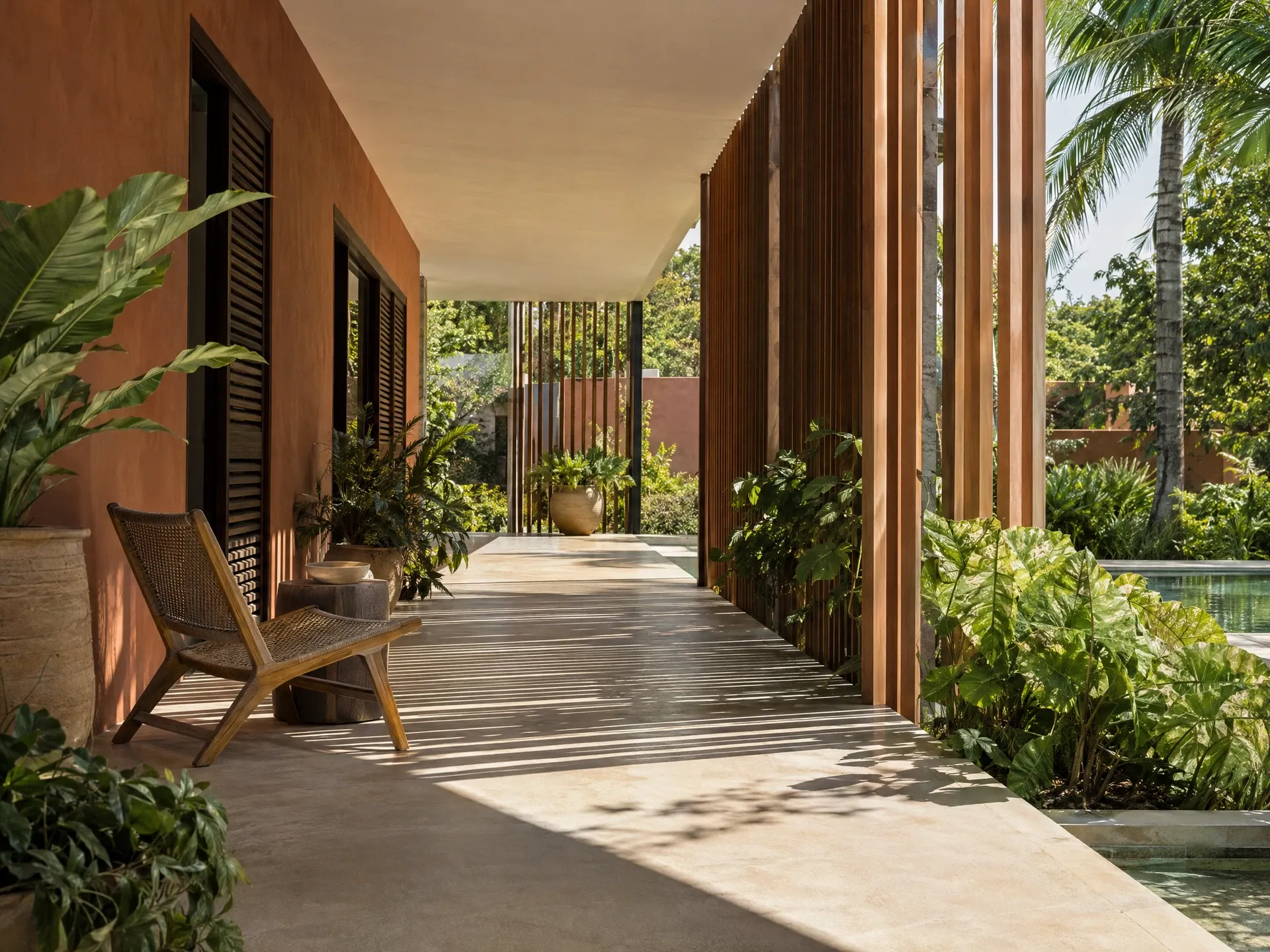 Terrasse de villa au Sénégal protégée par des brise-soleil et un débord de toiture