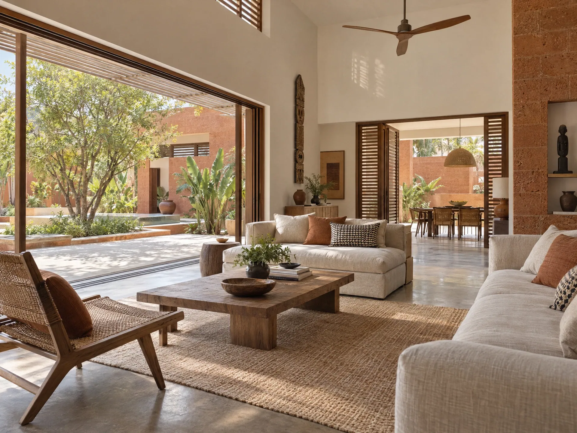 Illustration d’intérieur d’une maison au Sénégal, séjour lumineux ouvert sur un patio